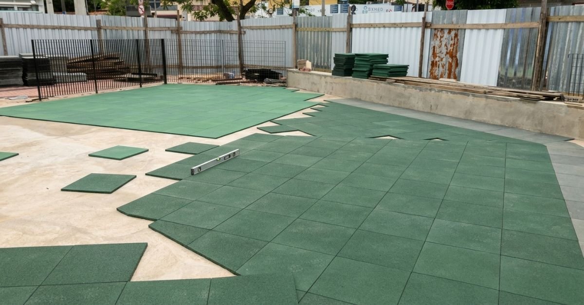 Instalação de piso de borracha do layout à liberação
